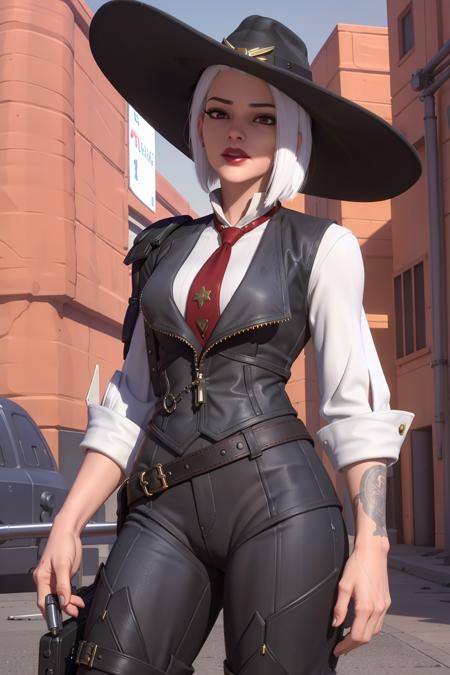  owash, short hair, white hair, cow boy hat, vest,  red eyes, necktie,