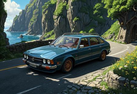 (studio ghibli digital drawing), best quality, masterpiece, extremely detailed,  professional  art,  professional painting, an extremely delicate and beautiful, dynamic,  great lighting, perfect shading, professional shading, depth of field,   side soft light, elegant, gorgeous, highly detailed,   full shot, uncropped,   pure genious, absolutely perfect,  highly detailed, breathtaking, dwarven fantasy car,  comfortable and sleek, made from dwarfs, dwarven runes on the car, dynamic turn around a corner, beautiful coastal road, fantasy