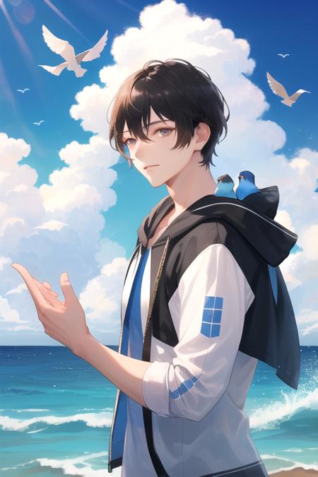 masterpiece, best quality, 1 male, handsome, very short hair, complex pattern, detailed face, best ratio four finger and one thumb, upper body, casual clothes, oversized hood, ocean background, many birds, blue sky full of extremely brilliant clouds, sparkling horizon, glittering debris