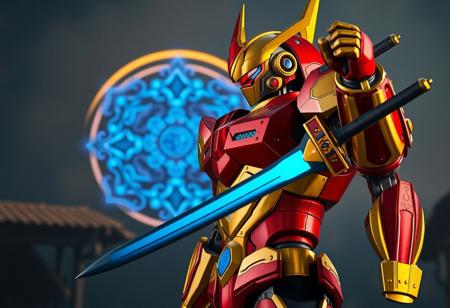 A cinematic, photorealistic render of a Shinato, King of a Higher Plane robot standing proudly in the foreground. Its body is a vibrant, highly-detailed mix of polished red and gleaming shiny gold metals, showing subtle wear and intricate paneling. The robot's head is a striking gold, featuring a highly detailed red visor that glows subtly. In its right hand, it firmly grips a sword with a sharp, cool blue energy blade that emits a faint light, contrasting beautifully with the warm gold and red armor. Its left hand is raised in a powerful gesture of triumph. Behind the robot, in the mid-ground and slightly blurred, a translucent blue energy shield and a radiant yellow halo float ethereally, suggesting their presence within the atmospheric, slightly out-of-focus Secret Village of the Spellcasters background. The composition is impeccable, using a Creative Angle and Golden Ratio for a sense of depth and perspective, focusing intently on the robot's Dynamic Action Pose. Lighting is Captivating, with strong highlights on the polished surfaces and subtle environmental reflections. Rendered with Exceptional Quality, 4K resolution, Lifelike Details on materials, Handcrafted with Precision. Octane Render, Unreal Engine 5, CGSociety, Artstation Trending on ArtstationHQ. No text in the image.
