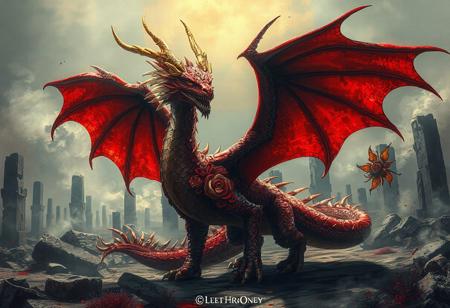 "Create a stunning, detailed image of a Black Rose Dragon, standing proudly against a backdrop of blasted ruins. The dragon, primarily red with gold accents, has spread wings, a fierce yet elegant appearance, and is adorned with intricate, lifelike details. Utilize 4K resolution, exceptional quality, and vivid, harmonious colors to emphasize the dynamic action pose and captivating lighting. Include design elements such as sharp lines, brush strokes, and splash ink illustrations. Highlight the eyes, face, and clothes with meticulous attention, creating a handcrafted, high-definition piece that embodies cinematic lighting, Raphael style, and Houdini aesthetics. Aim for a joyful impact, powerful message, and trending status on Artstation, HQ."