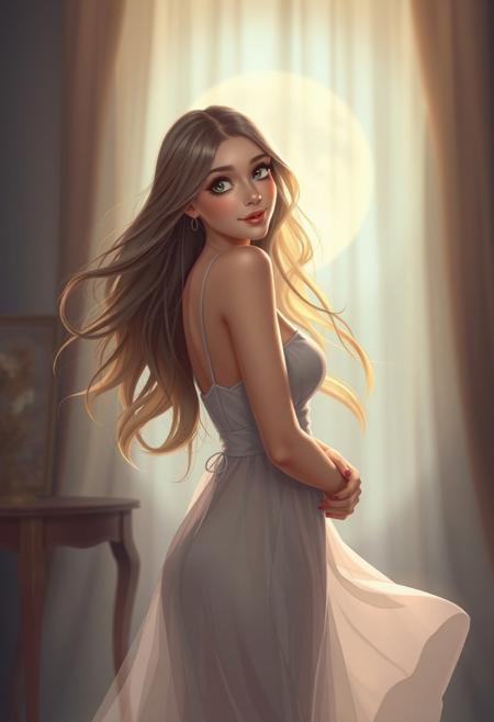 A nubile woman with long, flowing hair stands gracefully in a softly lit room, wearing a delicate, flowing dress. Her expression is an elegant yet playful "UwU" face, with wide eyes and a gentle blush. The soft moon