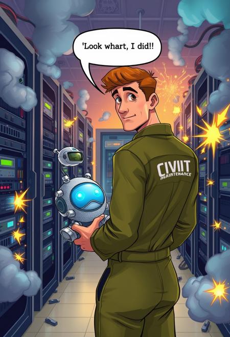 The image depicts a cinematic moment in a vibrant and chaotic server room. A man with a warm, golden-brown Caucasian complexion and hazel eyes stands at the center. He wears a fitted, olive-green jumpsuit with a subtle sheen, embroidered on the back with "CIVIT Maintenance" in bold, white letters. His expression blends concern and fascination as he looks at the robot beside him.
The robot, a small, spherical device with a sparkling silver surface, has bright blue, pupil-less eyes and a small, curved beak. It is holding the man’s hand with a slightly stiff, mechanical grip. [Above the robot’s head is a speech bubble that reads, "Look what I did,"] in a clean, sans-serif font. The robot is speaking the man is not
The server room is in complete disarray, with servers visibly broken down and billowing thick, cartoonish clouds of smoke. Many servers are sparking and showing signs of severe malfunction, with lights flickering erratically and some even emitting a dramatic burst of flames. The vibrant, smoking servers contrast starkly with the dark, industrial-gray walls of the room. The air is heavy with the acrid scent of smoke, amplifying the sense of disaster.
The lighting combines warm LED strips and overhead halogen lamps, casting long shadows and enhancing the rich, earthy color grading. The scene mixes nostalgia with a sense of playful chaos, emphasizing the total failure of the servers and the humorous predicament of the man and the robot.