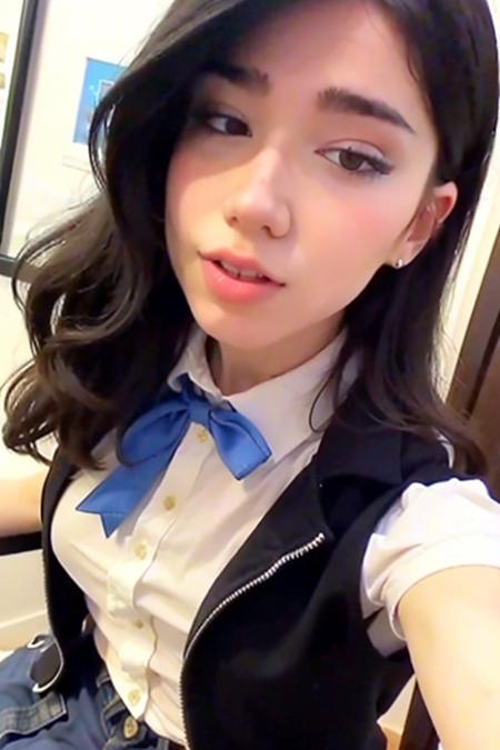 1girl, (short-sleeved JK_shirt),JK_style,(dark blue JK_skirt) ,(bow JK_tie), Brown eyes ,FACE,  makeup,red lips, eyeshadow, <lora:gore_jf-000008:0.9> <lora:koreanDollLikeness_v15:0.1>