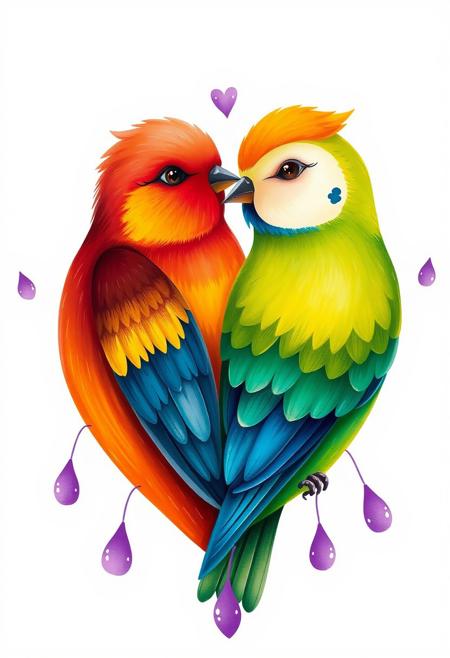 a vibrant, artistic illustration of two lovebirds nestled together in the shape of a heart. The left bird has warm red and yellow hues, while the right bird features shades of green and blue with a soft cream-colored face. The composition symbolizes affection and harmony, with delicate purple teardrop-like shapes surrounding the heart for added charm.
