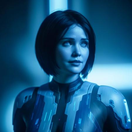 cinematic film still of  <lora:Cortana Halo:1.2>
Cortana Halo a white skin woman with a short hair and a black top and blue eyes  in the Halo video game series, shallow depth of field, vignette, highly detailed, high budget, bokeh, cinemascope, moody, epic, gorgeous, film grain, grainy