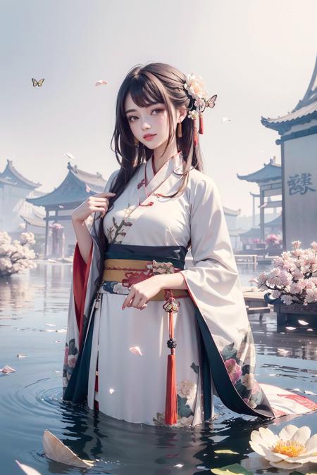 masterpiece,best quality,1girl, (hanfu:1.5),((ink)),(water color),bloom effect,detailed beautiful grassland with petal,flower,butterfly,necklace,smile,petal,(((surrounded by heavy floating petal flow)))