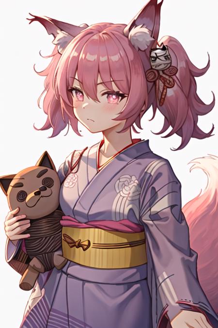 best quality, masterpiece, highres, solo, {yukata:1.40}, {kimono:1.20}, {shamare_arknights:1.15}, animal_ears, animal_ear_fluff, fox_ears, twintails, bangs, pink_hair, hair_between_eyes, hair_ornament, pink_eyes, closed_mouth, fox_girl, tail, symbol-shaped_pupils, fox_tail, upper_body, stuffed_toy