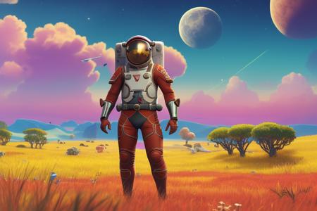 an astronaut with red armor standing in a lush field, nomanssky style wallpaper, high resolution 4K concept art beautiful masterpiece