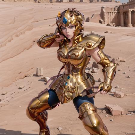 <lora:LeoArmor:0.6>, masterpiece, best quality, masterpiece, detailed face, detailed eyes, full body, Scarlett Johansson wearing LeoArmor, fighting pose, Attack pose, at a desert castle ruins, helmet