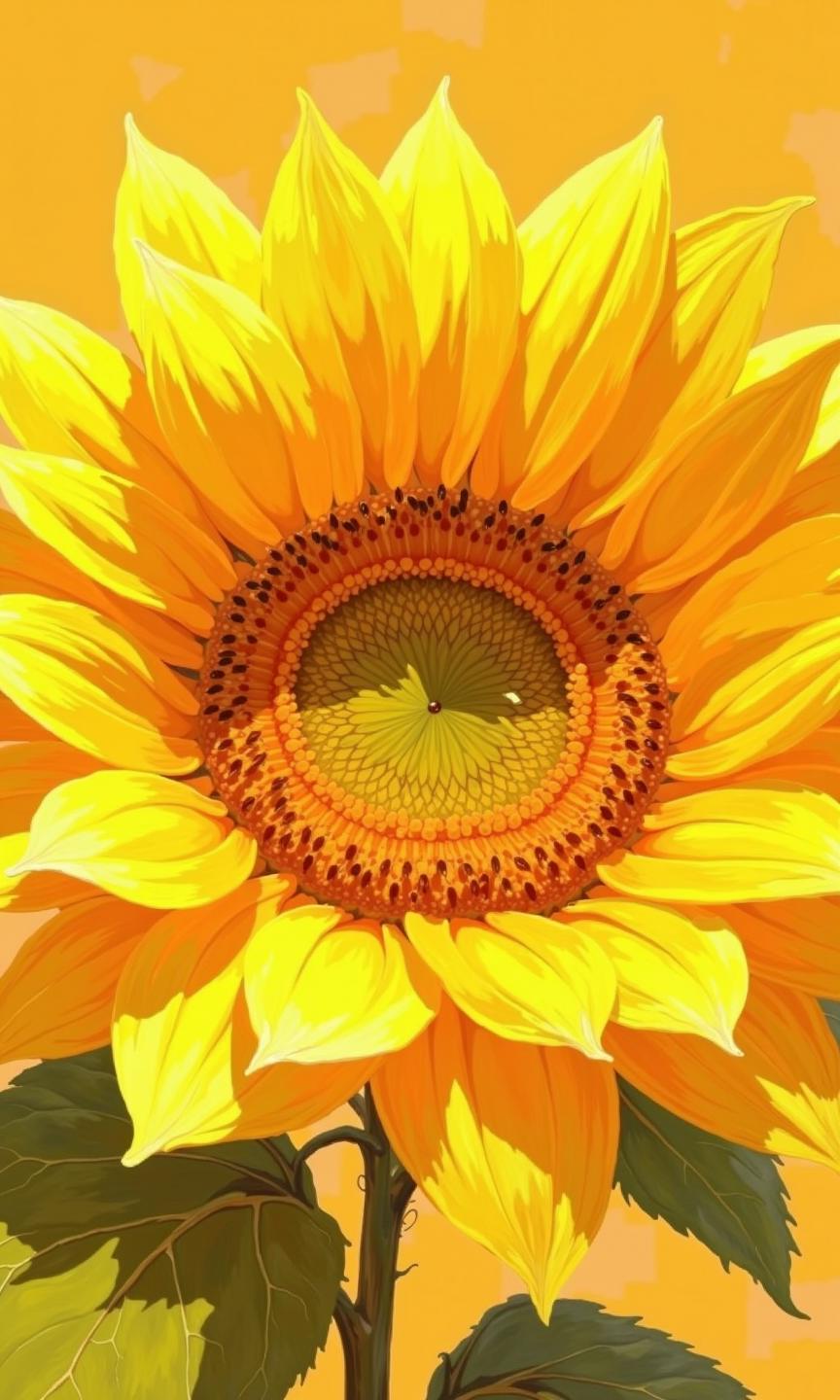 Close-up of a digitally painted sunflower. 
The sunflower is vibrant yellow with a rich, detailed center. The petals radiate outward, exhibiting a soft, almost velvety texture, with subtle gradations of yellow, creating depth and dimension. The center of the sunflower is a deep golden yellow-brown, filled with many small, detailed, concentric circles. The leaves of the sunflower are a muted green-brown, and their veining is visible, contributing to the overall realism in the painting.
The background is a soft, muted orange-yellow, blending into the edges of the sunflower, providing a light, warm atmosphere. The lighting seems to emanate from the front and slightly above the sunflower, highlighting the details of the petals and center. The overall impression is of a beautiful, detailed illustration of a sunflower.
 <lora:FLUX-daubrez-DB4RZ-v2:1> DB4RZ, DB4RZ style painting