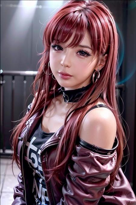 a photo of a woman , (park bom:1.3) , a closeup of woman face , , (rendered in octane:1.1) , (rendered in unreal engine:1.1) , (realistic photography:1.4), (ultra-realistic:1.0), (detailed eyes:1.1), (photorealistic:1.1), (realistic:1.1), (real life:1.1), (photograph:1.1),, happy, soft lighting ,  face closeup , , masterpiece , sharp focus , cinematic lighting , rim lighting , glossy skin , shiny skin ,  <lora:femm_park_bom_20230520_LORA_small:1> , (park_bom:1.2) , black hair  , soft lighting ,  surprised , smiling , confused , ring fill flash , vibrant colors ,  refraction , prism , rainbow , lensflare ,  face focus , looking at viewer , mascara , squinting eyes , sparkling eyes , pov face closeup , fisheye lens ,   , red hair , kpop idol , punk  , leather jacket , graffiti , colorful shirt , blue eyeshadow  , punk rocker , hoop earrings , choker , dark red purple pink hair ,