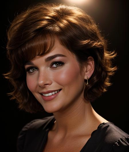 <s7s2pl>, close portrait photo, l short hair, brown hair, smile, Black background, warm light