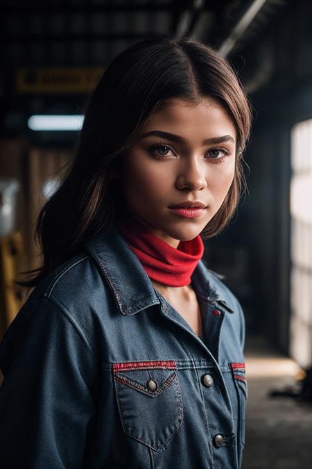 Zendaya_SoloTI_v1,
(In a navy blue coverall, with a red bandana, for a practical and rugged look),
(A bustling garage in the morning, with the scent of motor oil and the sound of tools clanking, sunlight streaming through the open doors, industrious atmosphere:1.3),
(seductive:1.3),(analog, cinematic, film grain, hazy atmosphere, cinematic shot:1.3), 
 <lora:add_detail:0.6>,<lora:LowRa:0>, PA7_Portrait-MCU,