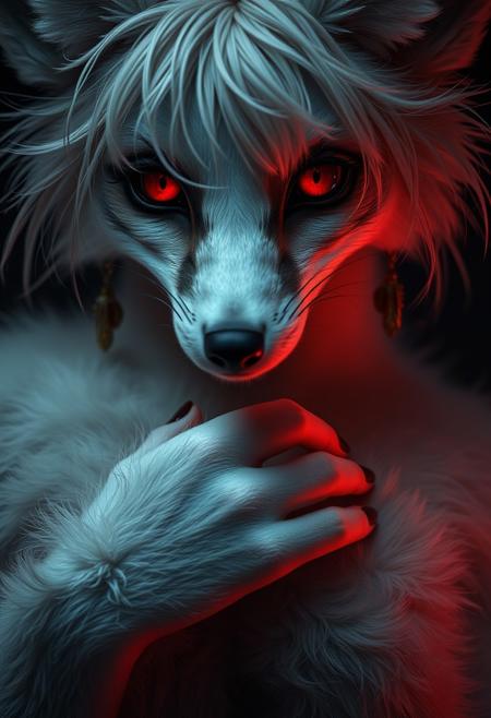 Slow-motion zoom out, starting with a close-up of red eyes, great lighting, intricate detail, leHDR,UHD,8K, darkness, photo, disheveled hair Expressiveh, anthro fox female, white fur, busty,pale nipples, inni vag, covering breasts,covering with hands,intricate details, earrings, darkness, very detailed, intricate, perfect light, sharp focus, cool colors, ambient, elegant, highly decorated, deep aesthetic, colorful, magic, mystical, scenic, warm bright, vibrant, unique, best, winning, thought, romantic,  illuminated,rich, symetry,realistic,  low light, looking to the side at viewer,OverallDetail, Photorealistic rendering, dramatic lighting, sharp contrast