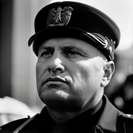 b&w detailed photo of BenitoMussolini, portrait, insane quality, 4k, 8k, soft lighting, film grain, masterpiece, <lora:Hellloo:0.7>