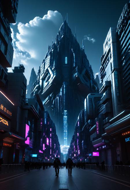 Techwear fashion city street,street,street photography,<lora:Beeple_scenery:1>,Beeple,scenery,a futuristic city with a mountain in the background and a sky background with a few clouds in the sky,, <lora:Metroplex Base:0.4>,a city scnery,, <lora:LetThereBeLight:0.3>,Beeple,lighting, . Futuristic, cyberpunk, urban, tactical, sleek, dark, highly detailed