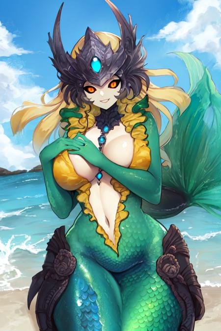 masterpiece, best quality, <lora:NamiLoL-08:0.9>, nami, 1girl, (solo), monster girl, mermaid, blonde hair, large breasts, wide hips, perfect hands, (colored sclera, black sclera), orange eyes, green skin, colored skin, center opening, helmet, jewelry, looking at viewer, smile, beach, sitting, navel, hand on own chest,