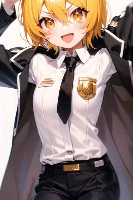 highres:1.2), (ultra-detailed:1.2), traditional media, texture, flat shading, 8k, don quixote \(limbus company\), 1girl, solo, face focus, blonde hair, short hair, hair between eyes, orange eyes, collared shirt, white shirt, red necktie, black pants, open coat, black coat, badge, button badge, looking at viewer, :d, happy, v-shaped eyebrows, simple background, white background, <lora:don-08:1>