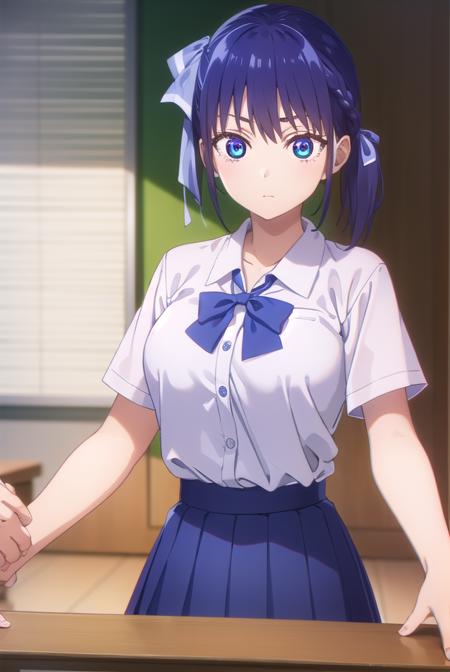 nagisaminase, <lora:nagisa minase s2-lora-nochekaiser:1>,
nagisa minase, bangs, blue eyes, blue hair, hair ribbon, side ponytail,
BREAK skirt, shirt, bow, school uniform, white shirt, short sleeves, pleated skirt, bowtie, blue skirt, 
BREAK indoors, classroom,
BREAK looking at viewer, (cowboy shot:1.5),
BREAK <lyco:GoodHands-beta2:1>, (masterpiece:1.2), best quality, high resolution, unity 8k wallpaper, (illustration:0.8), (beautiful detailed eyes:1.6), extremely detailed face, perfect lighting, extremely detailed CG, (perfect hands, perfect anatomy),