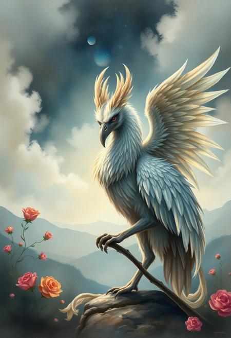 a gryphon who's modest and who is also a paramour., baroque detailing, romantic landscapes, ethereal watercolor aesthetics, atmospheric depth, rich color palettes, soft painterly textures, dramatic lighting, dreamlike compositions, naturalistic elegance, symbolic storytelling, delicate brushwork, mystical ambiance, classical influences, moody contrasts, expressive realism