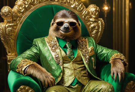 A humanoid | anthropomorphic sloth dressed in a fancy suit, flaunting its wealth | Gold chains, fur on the shoulders | gold glasses | Sitting on a green velvet throne at a mafia party