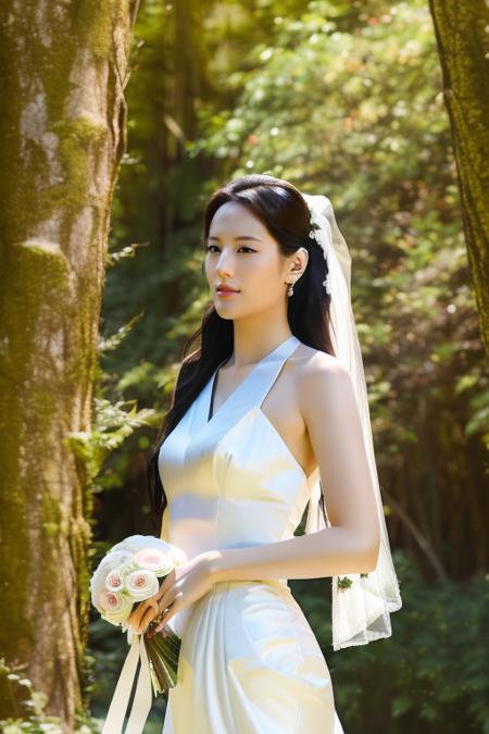 <lora:fromisGyuri:1>,Gyuri,RAW photo,physically-based rendering,(8k, best quality, masterpiece:1.2),(full body shot:1.2),octane render,extremely detailed CG unity 8k wallpaper,studio soft light, rim ligh,in forest,sunlight,standing,(a girl is wearing wedding dress:1.5),hyper realistic detail shiny skin,ultra detailed,(ultra realistic:1.5),(looking at viewer:1.2),(intricate:1.2),(photorealistic:1.4),1girl,(skinny:1.3),detailed background