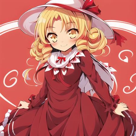 Elly yellow eyes, blonde hair, pink hat with a red ribbon, hat, red ribbon, dark red and pink dress, drak red dress, carries a scythe, scythe, 