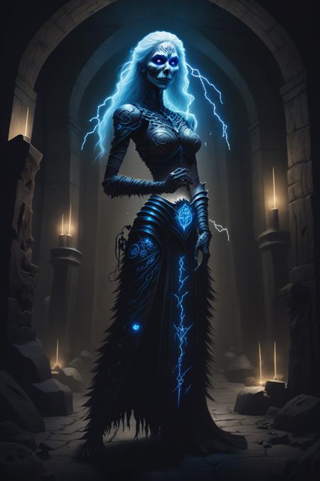 fantchar, a powerful skeletal mage woman with lightning crackling around her standing in a dungeon crypt, beautiful, runes, symbols, glowing, realistic, highly detailed, intricate