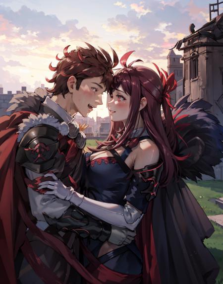 masterpiece, grass, sky, castle, cloud, 1boy and 1girl, blush, portrait, side view, smile, jumping hug, arms around neck, <lora:DiamantFE-bsinky-v1:0.8> DiamantFE, gloves, armor, fur trim, shoulder armor, red cape, 1girl, <lora:Ivy_FEv2-10:1> ivy fe, dress, bare shoulders, white gloves