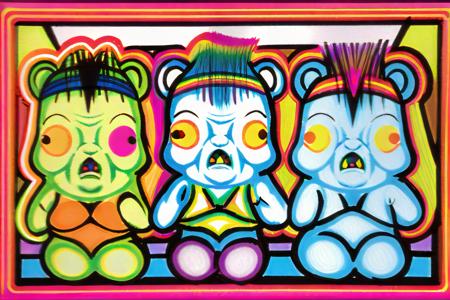 shawn malloy art box_art_frenzy spectacle shawn malloy art, a  drawing of a group of ewoks at an arcade, wearing futuristic punk rock attire, insanely detailed, color by lisa frank, thick black lines,