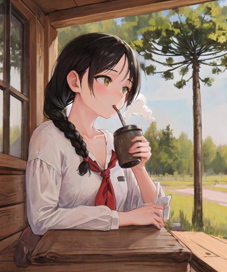 1girl, upper body, holding [wooden cup, metal straw:(mate:1.3):2], drinking, porch, outdoors, nature, (araucaria:1.2), white blouse, red neckerchief, braided ponytail, [steam::13], kettle,
(best quality, masterpiece:1.2) [white blouse, green eyes:9] 
<lora:araucaria-10:0.8>
<lora:mate10-12:0.9>