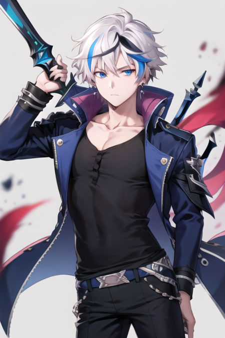 <lora:CielElsword-09:0.7>, ciel, solo, blue eyes, white hair, streaked hair, black pants, black shirt, blue jacket, earrings, dagger, holding dagger