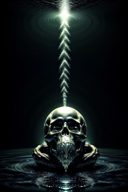A close-up photorealistic image of a crystal-like floating skull facing dynamic view with its mouth open, pouring from it's mouth a shimmering liquid resembling the universe onto the ground, filled with rich stars and swirling galaxies. A simple void background enhances the dark atmosphere, shrouded in fog, capturing the hypnotic flow and shimmer of the cosmic liquid,