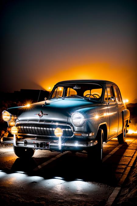 GAZ21 built for rock crawling stands on concrete wall, (night), sandstorm, photorealistic, shot by Sony a7iii <lora:GAZ21:1>