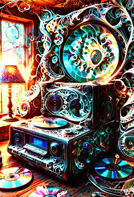 auralora, Fractangles, ral-frctlgmtry, fractal-flame, fractalex, fractalvines, PG-TR. A nostalgic scene: A vintage CD player sits atop a dusty wooden shelf, surrounded by stacks of worn-out jewel cases, each containing a prized collection of CDs. The warm glow of a retro lamp made from fractal vines casts a soft light on the cluttered space, as if illuminating the memories of a bygone era. In the foreground covered in fractal vines, a few select CDs are arranged in a deliberate pattern made of cd's made out of fractangles, like a fractal, symbolizing the beauty and complexity of the music that once filled these discs.