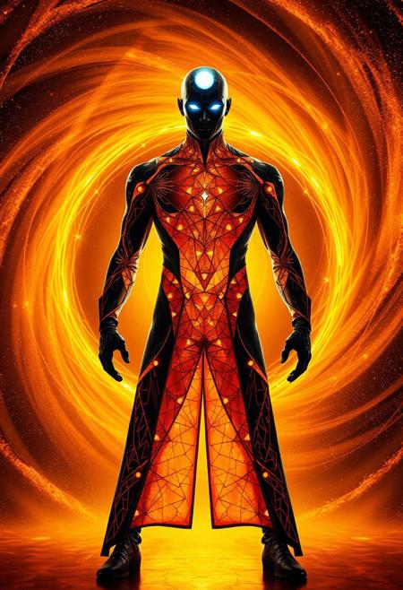 A mysterious humanoid superhero stands confidently in front of a swirling, golden-orange cosmic vortex. The figure is dressed in a sleek, futuristic bodysuit or long coat, composed of intricate glowing geometric patterns, like broken shards of glass forming circuitry. The face is obscured in silhouette, but the eyes and forehead emit a bright, ethereal blue-white glow, suggesting immense quantum energy. The background is a radiant blend of gold, amber, and starfield textures, forming an arcane ring or quantum portal. The visual style is luminous, detailed, and abstract—like a fusion of stained glass and sci-fi tech.