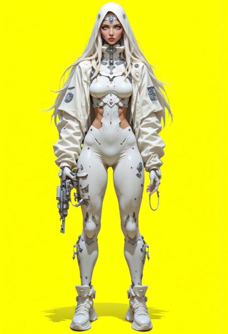 (anime, cyberpunk, R3alisticF, niji, gothic, erotic, anime, HD, 8K quality, ultra-detailed, futuristic digital illustration) a slender female character exuding confidence and readiness for action. She wears a sleek, all-white bodysuit with intricate paneling and seams, paired with a modular high-tech backpack in pure white, featuring angular mechanical components. Her long white hair flows from beneath a hooded white jacket with a high collar covering her neck. A minimal white crop top is visible underneath. The outfit is entirely monochrome, blending advanced techwear design with elegant simplicity. She stands in a strong, confident pose, left hand on her hip, right hand gripping a small futuristic device, streamlined and reflective. Her white sneakers have layered, rugged textures and exaggerated soles, amplifying the modern, tactical aesthetic. The character's expression is serious, her sharp features framed by strands of white hair, her eyes conveying intense focus and determination. The background is a solid, bright yellow, emphasizing her silhouette and clean, futuristic style. The ultra-realistic rendering captures the contrast between soft fabric, rigid armor-like elements, and polished surfaces, presenting a bold, minimal yet high-impact visual statement in a cyberpunk-inspired vision.
