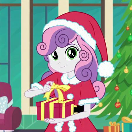 score_9, score_8_up, score_7_up, source_anime, prefect lighting, very aesthetic, intricate details, highly detailed background, high quality, perfect hands, best quality, 1girl, solo, my little pony, equestria girls, sweetie belle, female child, white skin, green eyes, two-tone hair,long curly hair, pink hair, lilac hair, magenta headband, santa uniform, santa hat, christmas decoration, christmas tree, indoors, living room, holding present box, looking at viewer, smile,