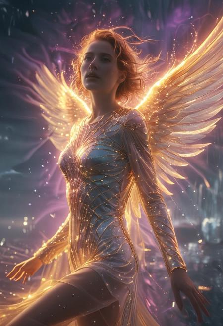 neonpunk style, (auralora:1.2), dark fantasy aesthetics, movie poster, centered composition, close-up photography by Henri Cartier Bresson. portrait, shining ( 1920s art deco theme:1.1), divine angel of the skies,  flying, birds, rainbow,  clouds in background, majestic divine atmosphere, bright light, holy aura, bloom, halo above head, divine light, white clothes, golden embroidery,filigree,  dynamic pose, . (Detailed face, detailed skin, skin texture, skin pores, (freckles:0.9)). (ethereal wisps and Sparks of ice shards, dust particles, particle system:1.4). Gritty, raw, emotional, liminal fog, shimmering light. A mesmerizing blend of light and shadows. <lora:Aurastronger_SDXL:1>, cyberpunk, vaporwave, neon, vibes, vibrant, stunningly beautiful, crisp, detailed, sleek, ultramodern, magenta highlights, dark purple shadows, high contrast, cinematic, ultra detailed, intricate, professional