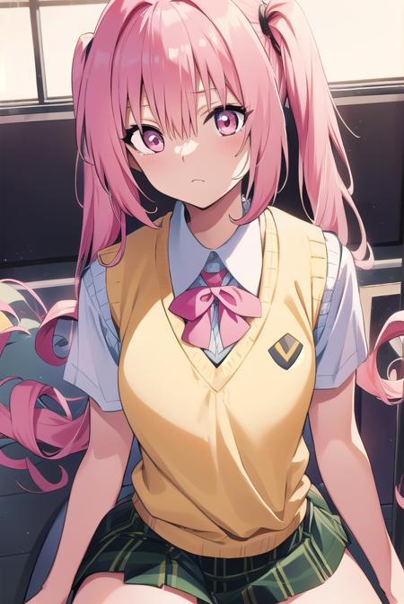 nanadeviluke, <lyco:nanadeviluke-LYCORIStest:1>,
nana asta deviluke, fang, long hair, (pink eyes:1.5), pink hair, tail, twintails, (flat chest:1.2),
BREAK green skirt, plaid, plaid skirt, sainan high school uniform, school uniform, skirt, shirt, white shirt, sweater vest, (yellow sweater vest:1.5), short sleeves,
BREAK looking at viewer,
BREAK indoors, classroom,
BREAK <lora:GoodHands-vanilla:1>, (masterpiece:1.2), best quality, high resolution, unity 8k wallpaper, (illustration:0.8), (beautiful detailed eyes:1.6), extremely detailed face, perfect lighting, extremely detailed CG, (perfect hands, perfect anatomy),