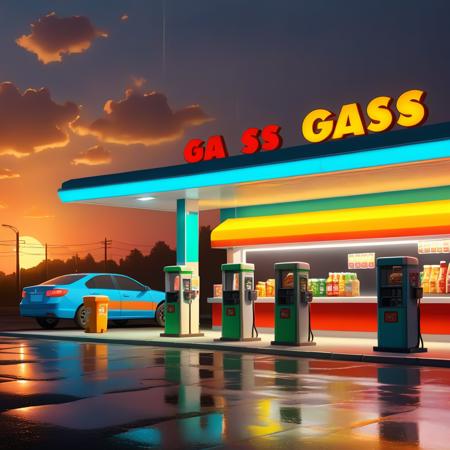 masterpiece,(cartoon style), <lora:CartoonStyle_Hap_XL:1.6>, An evening scene at a gas station with an array of food items under the fluorescent lights, animated with sharp 8K resolution, high contrast lighting, vibrant colors, warm glows from the setting sun facing the station, droplets on the cold beverage containers hinting at a recent chill, trash bins casting long shadows, ultra-realistic textures of the food packaging, soft glow of the convenience store interior reflecting on the wet asphalt, a sense ofï¼