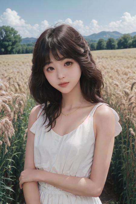 1girl, standing in a rustic farm setting. She has a soft, gentle smile and expressive eyes. The background features a charming barn, (fields of golden wheat), and a clear blue sky. The composition should be bathed in the warm, golden hour light, with a gentle depth of field and soft bokeh to accentuate the pastoral serenity. Capture the image as if it were taken on an old-school 35mm film for added charm,
filmg, <lora:FilmG4:0.7>, ((detailed eyes))
((seikomatsuda)) <lora:seikomatsuda:0.8>