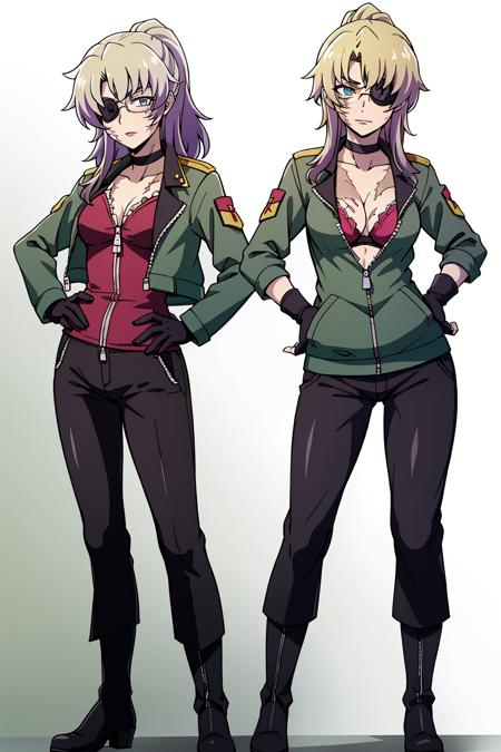 blonde and violet gradient hair long ponytail eyepatch glasses blue eyes black choker burn scars on face and chest red blouse green military jacket black dress pants stylish boots fingerless gloves