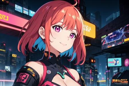 masterpiece, best quality, 1girl, solo, night, colorful, cityscape, cyberpunk, light smile, city pop, vector illustration, (official art, beautiful and aesthetic:1.2), (1girl), extreme detailed,(fractal art:1.3), colorful,highest detailed