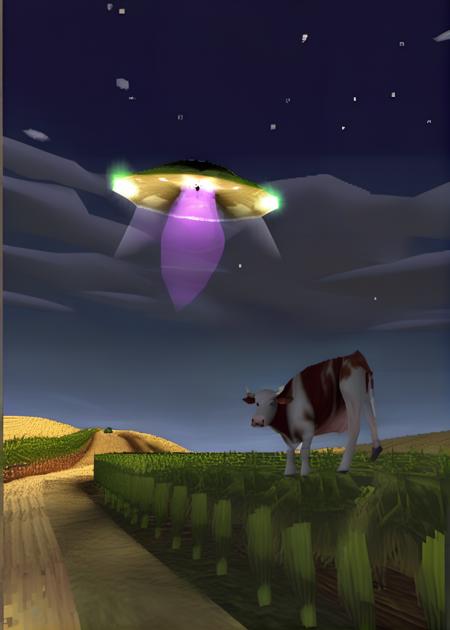 a ufo abducting a cow in a rural cornfield, (ps1 style:1),  <lora:ps1_style_SDXL_v1:1>, (game screenshot), (computer generated image)