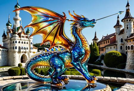 masterpiece, best quality, whimsical, murano_glass_style, captivating scene of a glass dragon soaring through a glass sky, its scales a dazzling array of multicolored Murano glass, casting vibrant reflections on the ground below, a glass human warrior riding on its back, holding a glass spear, the duo flying over a vast glass landscape dotted with glass castles and villages, the entire scene exuding a sense of adventure and fantasy, showcasing the exquisite detail of Murano glass craftsmanship
