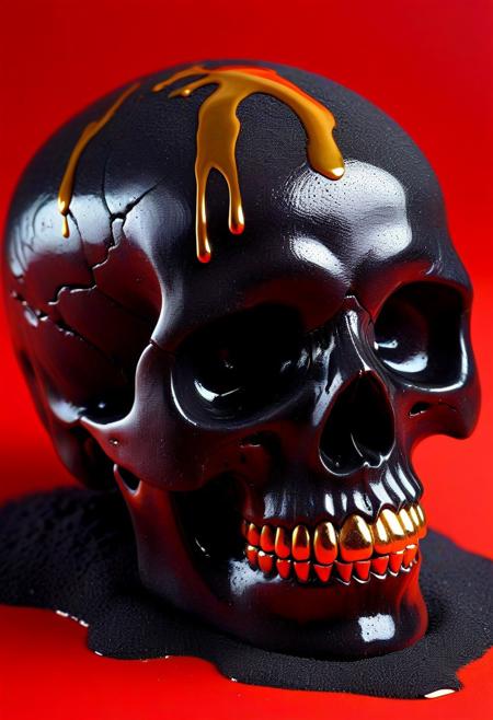 obsidian skull with liquid gold dripping down it ObsidianSand, Smooth_Quality, mobe-godeen, red background.