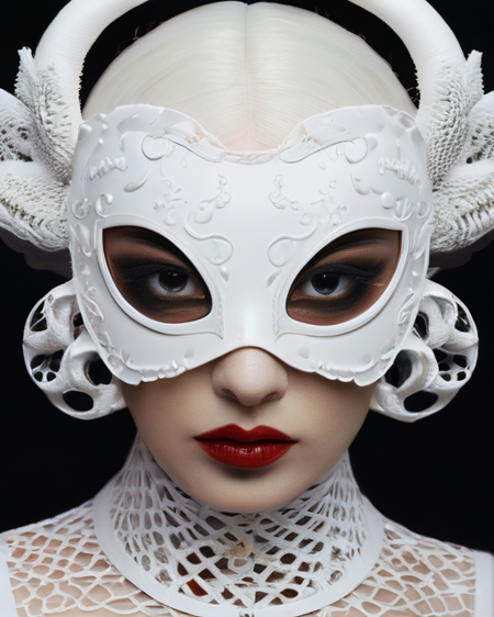 Lucia maria jorgos's fashion mask is textured white, Australian woman, in the style of chiho aoshima, demonic photograph, deborah azzopardi, dollcore, aries moross, playfully conceptual, appropriation artist high fashion, fashion week style raw