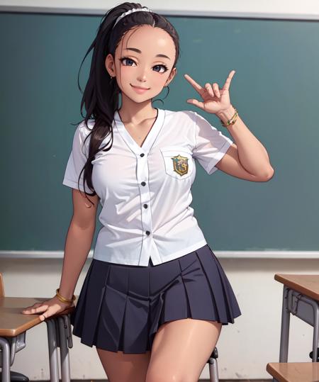 (masterpiece, best quality:1.2) 1girl, cp2, (realistic:1.2), white shirt, pleated skirt, kneehighs, smile, jewelry, forehead, ponytail, arm support, school desk, medium breasts, classroom [[dark skin:2]:tan skin:8] [school emblem:2]
<lora:cp2Y16:1>